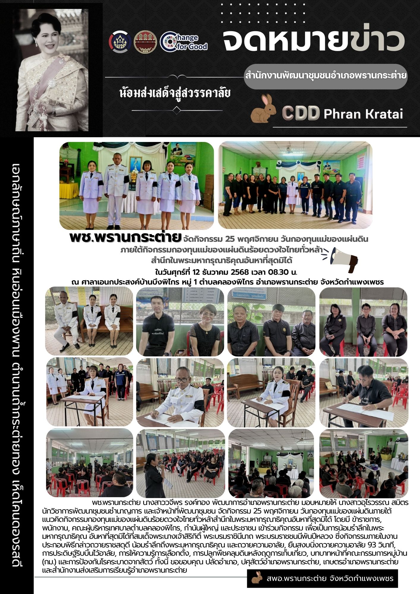 พช.พรานกระต่าย จัดกิจกรรม 25 พฤศจิกายน วันกองทุนแม่ของแผ่นดินภายใต้กิจกรรมกองทุนแม่ของแผ่นดินร้อยดวงใจไทยทั่วหล้าสำนึกในพระมหากรุณาธิคุณอันหาที่สุดมิได้