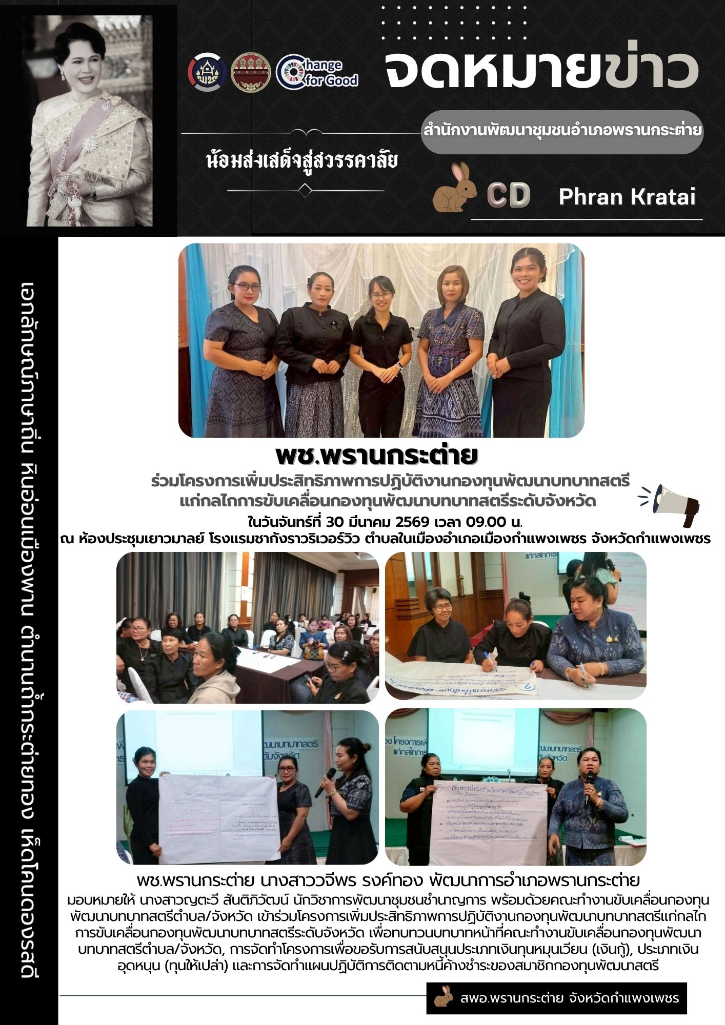 พช.พรานกระต่าย ร่วมโครงการเพิ่มประสิทธิภาพการปฏิบัติงานกองทุนพัฒนาบทบาทสตรีแก่กลไกการขับเคลื่อนกองทุนพัฒนาบทบาทสตรีระดับจังหวัด