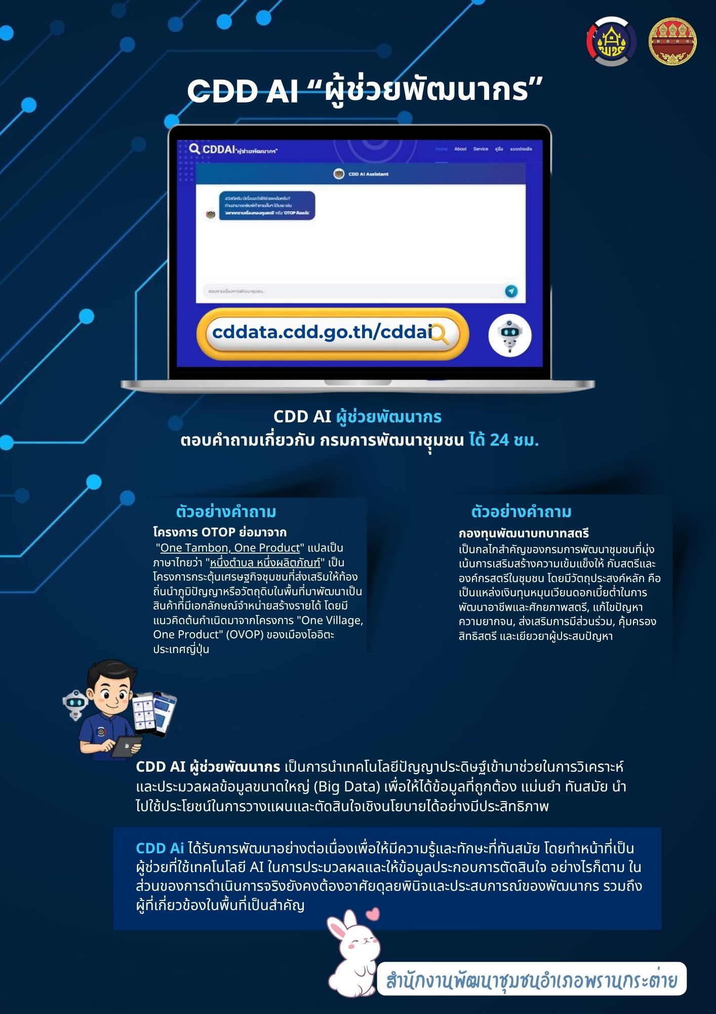 CDD AI ผู้ช่วยพัฒนากร  ตอบคำถามเกี่ยวกับ กรมการพัฒนาชุุมชน ได้ 24 ชม